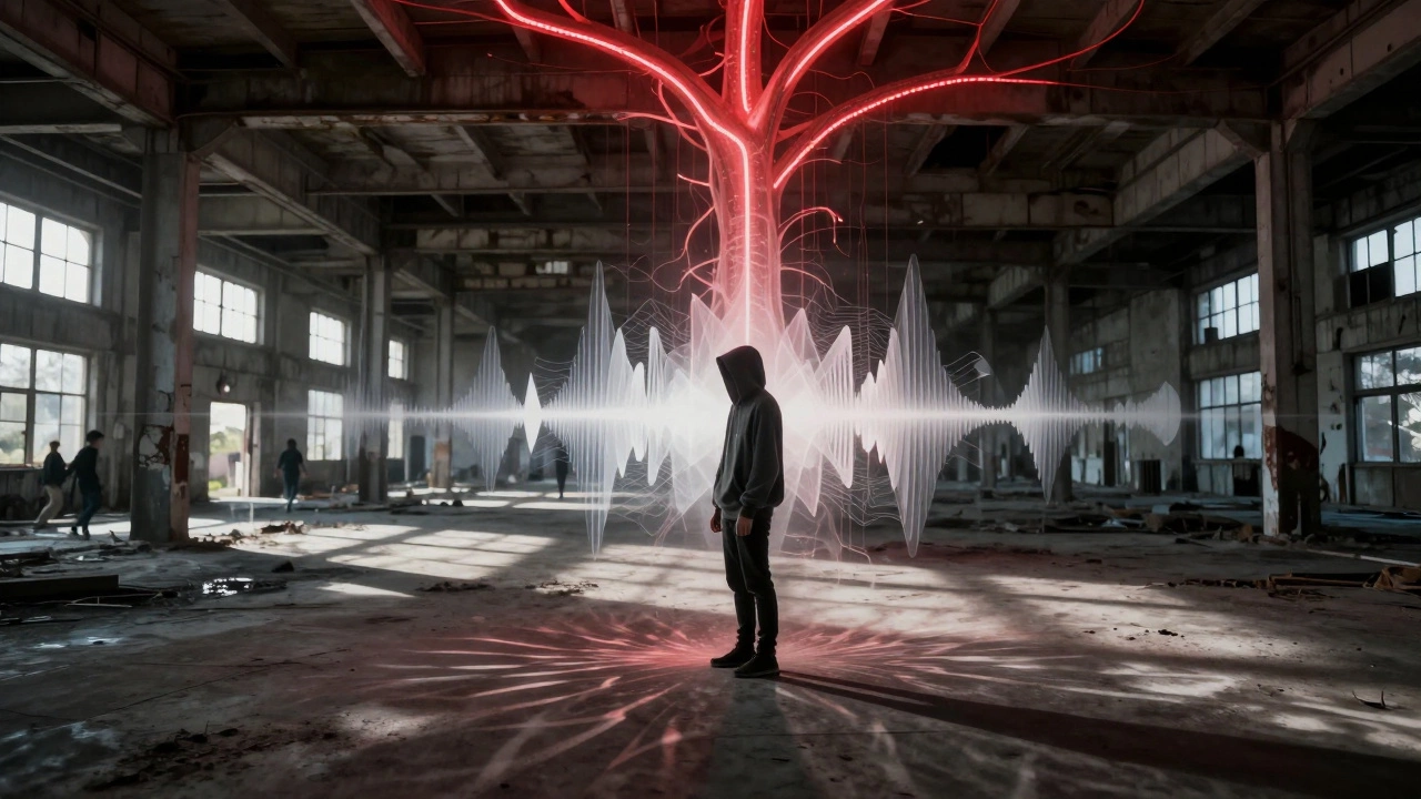 A figure dissolving into soundwaves that merge with the architecture of an underground club.