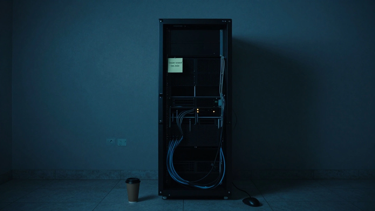 A quiet server rack in a modest room with a single glowing indicator and a handwritten note on the monitor.