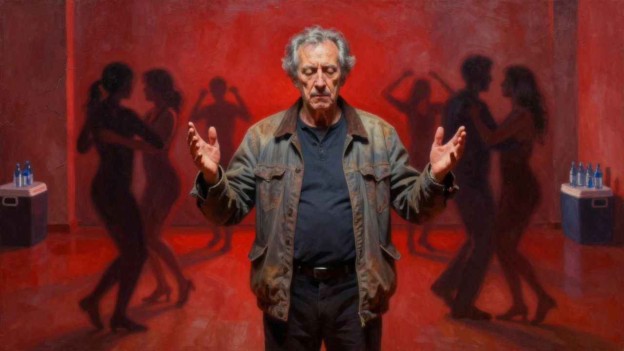 An elderly man standing still in a crowd, eyes closed, as if absorbing the bass through his body.